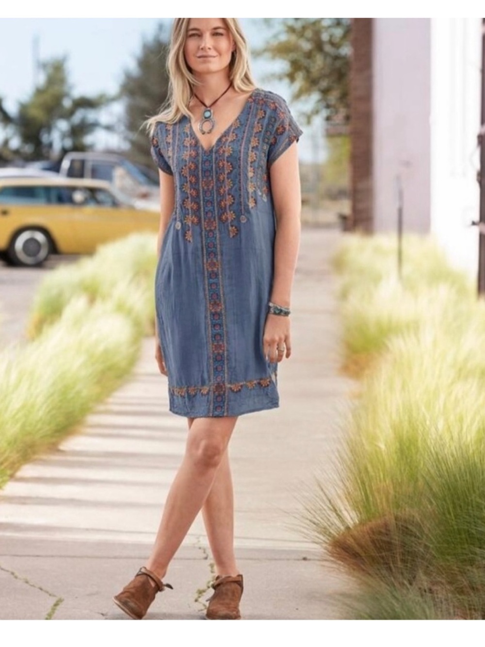 Sundance Blue Embroidered Dress with Multi-color Accents